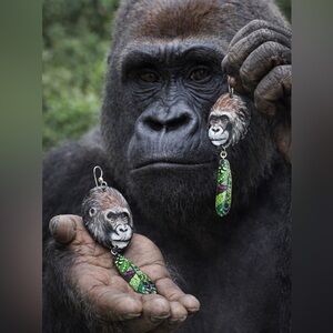 Gorilla handpainted earrings primates apes feather charm Sterling lightweight